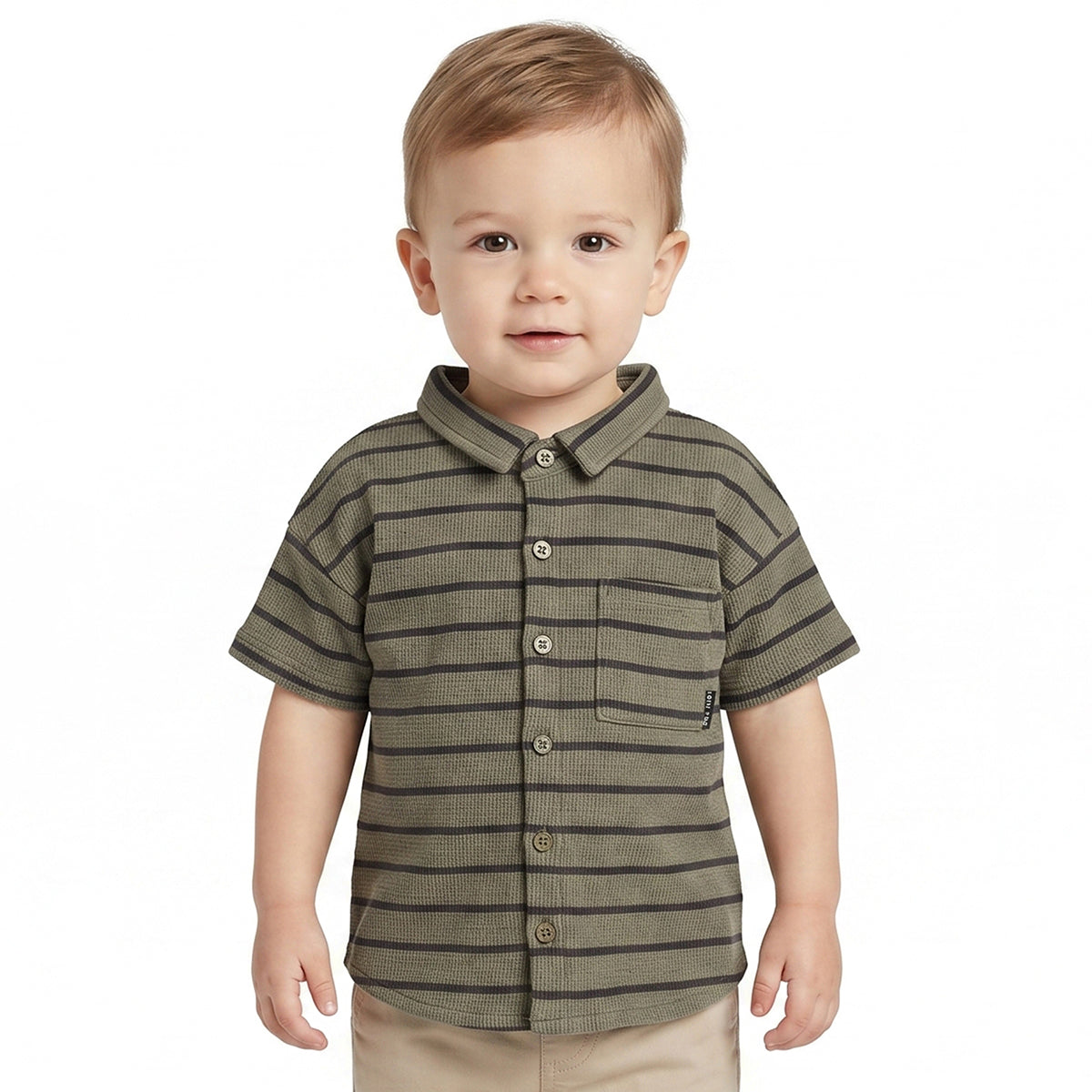 Baby Boys Olive & Black Striped Textured Half Sleeves Casual Shirt