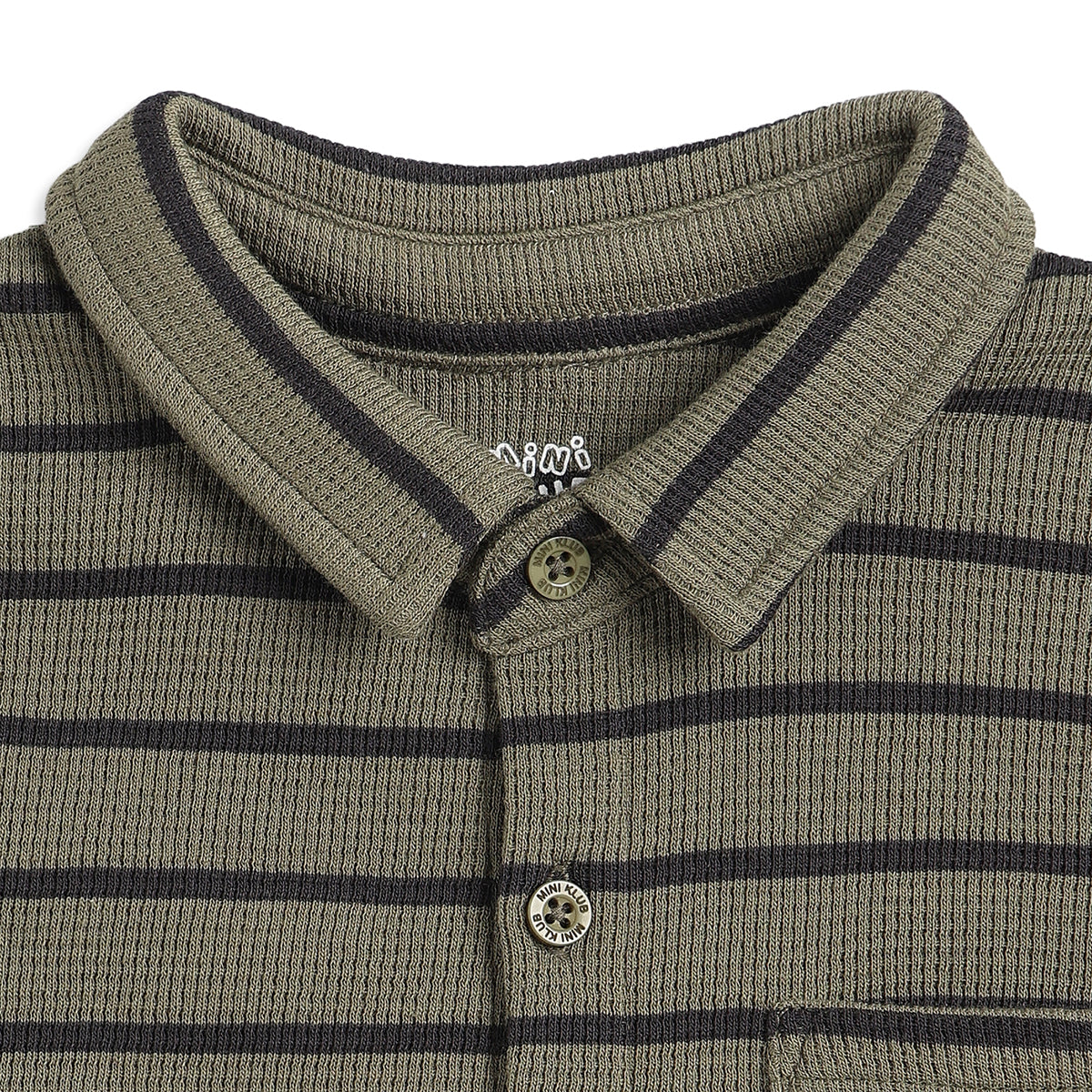 Baby Boys Olive & Black Striped Textured Half Sleeves Casual Shirt