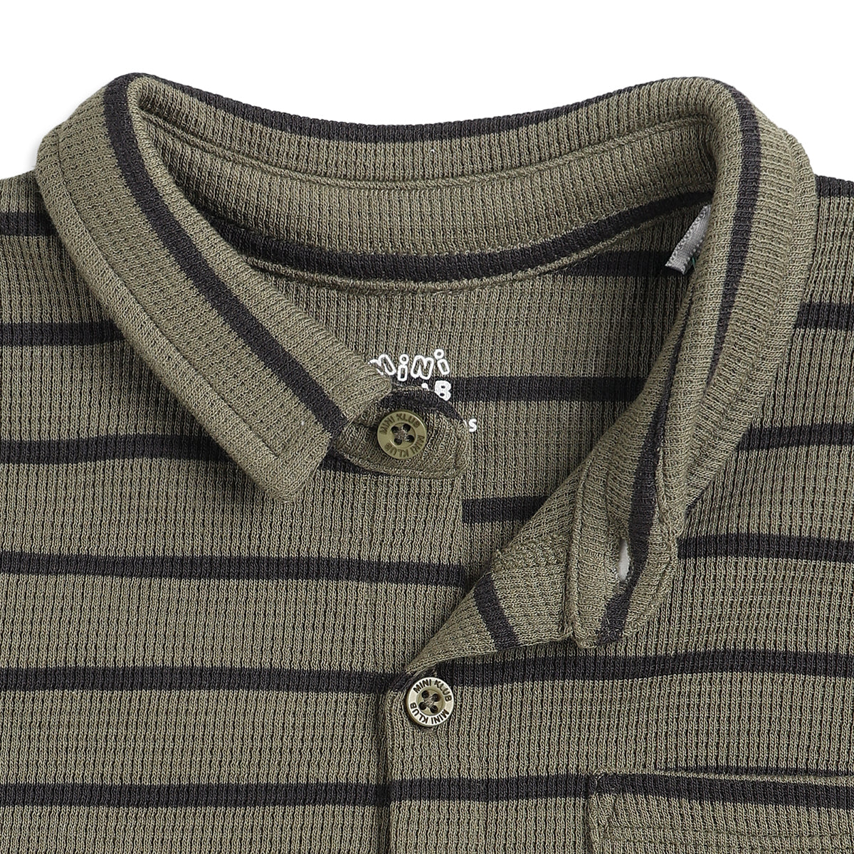 Baby Boys Olive & Black Striped Textured Half Sleeves Casual Shirt