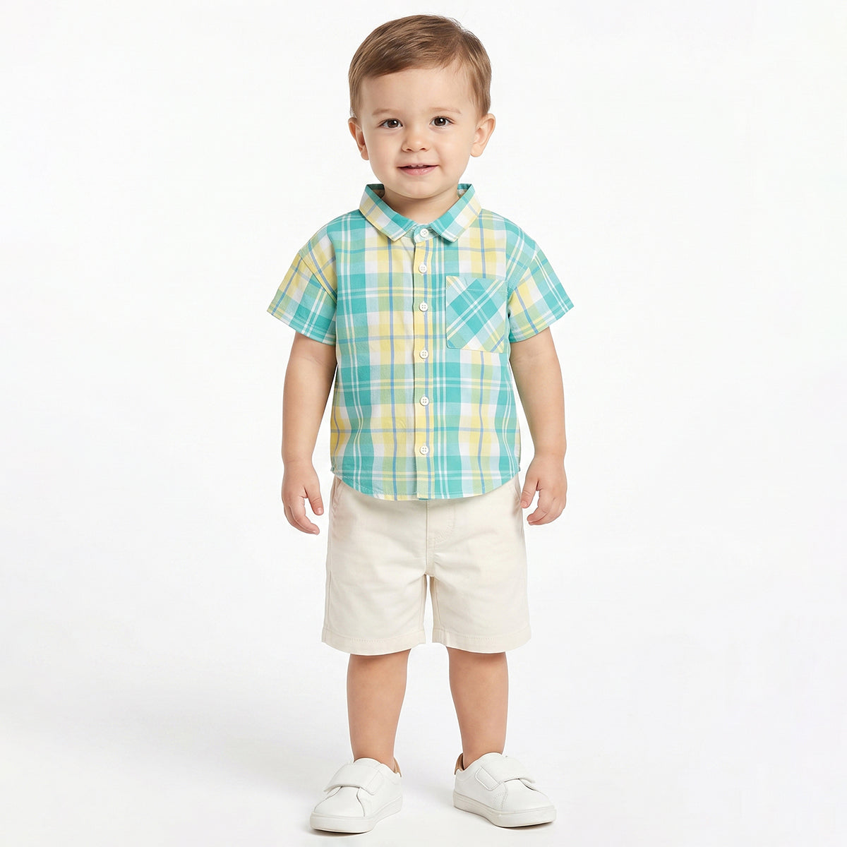 Baby Boys Green & Yellow Checked Half Sleeves Casual Shirt