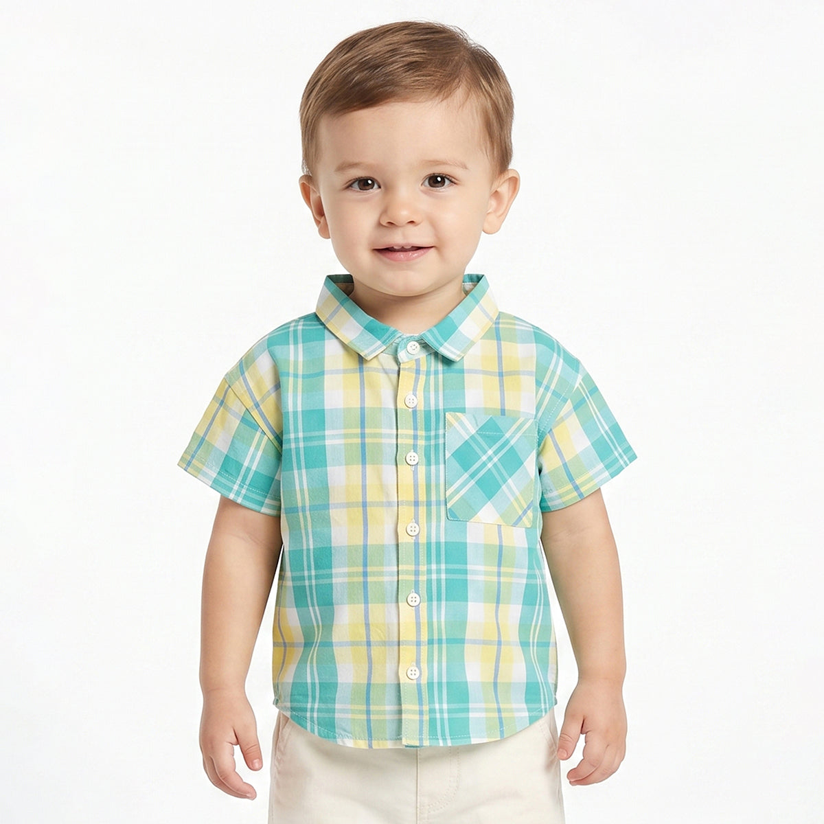 Baby Boys Green & Yellow Checked Half Sleeves Casual Shirt