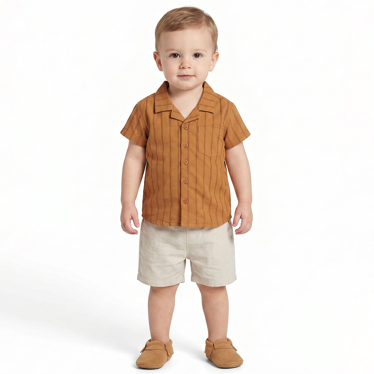Baby Boys Brown Striped Cotton Casual Shirt Regular Fit Half Sleeves Kids Shirt