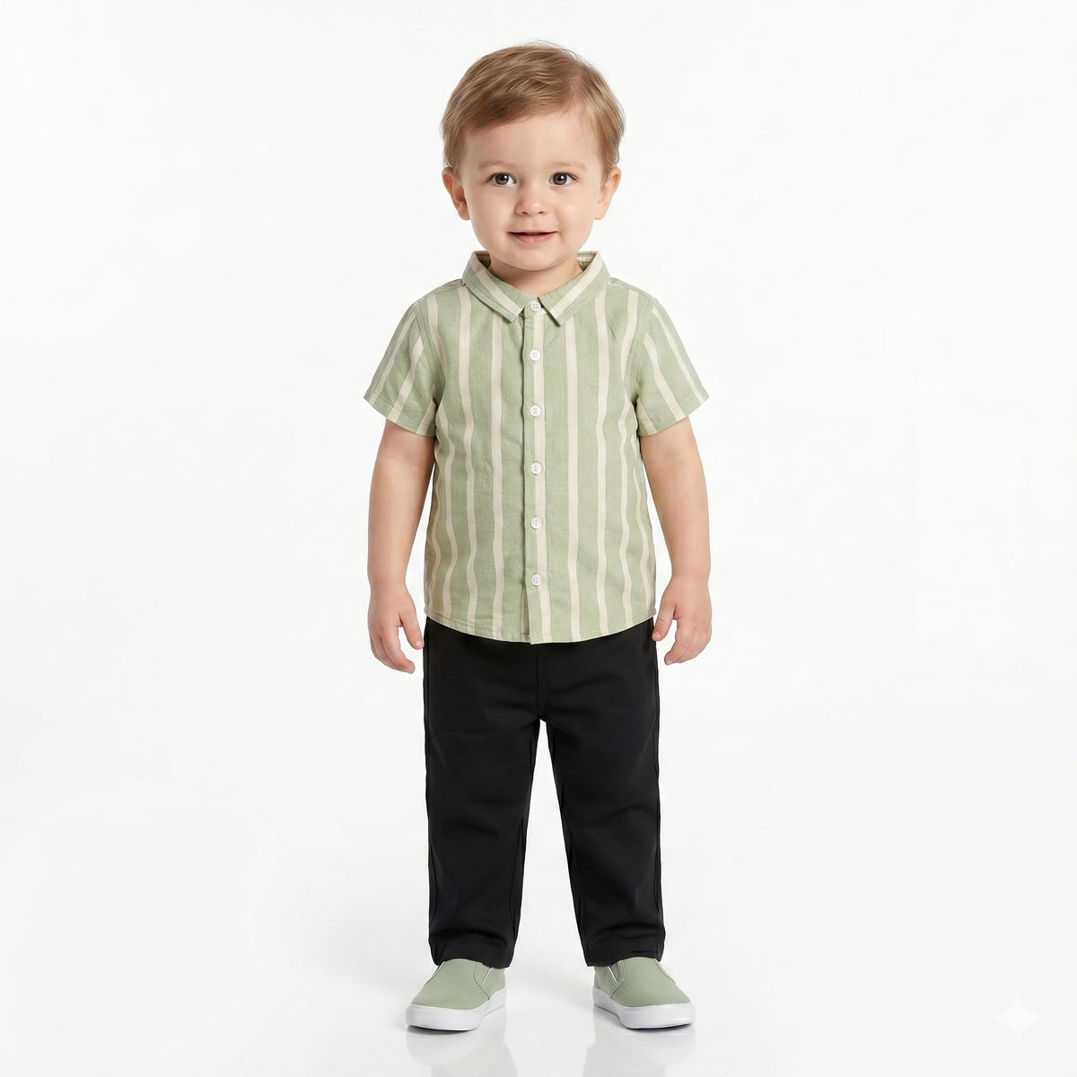 Boys Striped Cotton Shirt, Sage Green and White