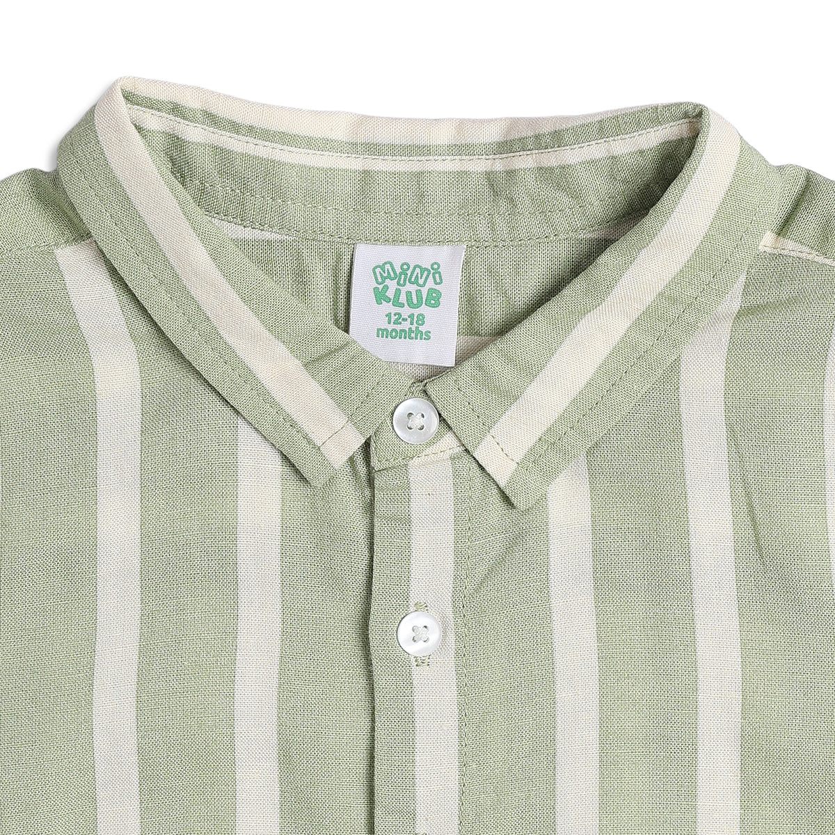 Boys Striped Cotton Shirt, Sage Green and White