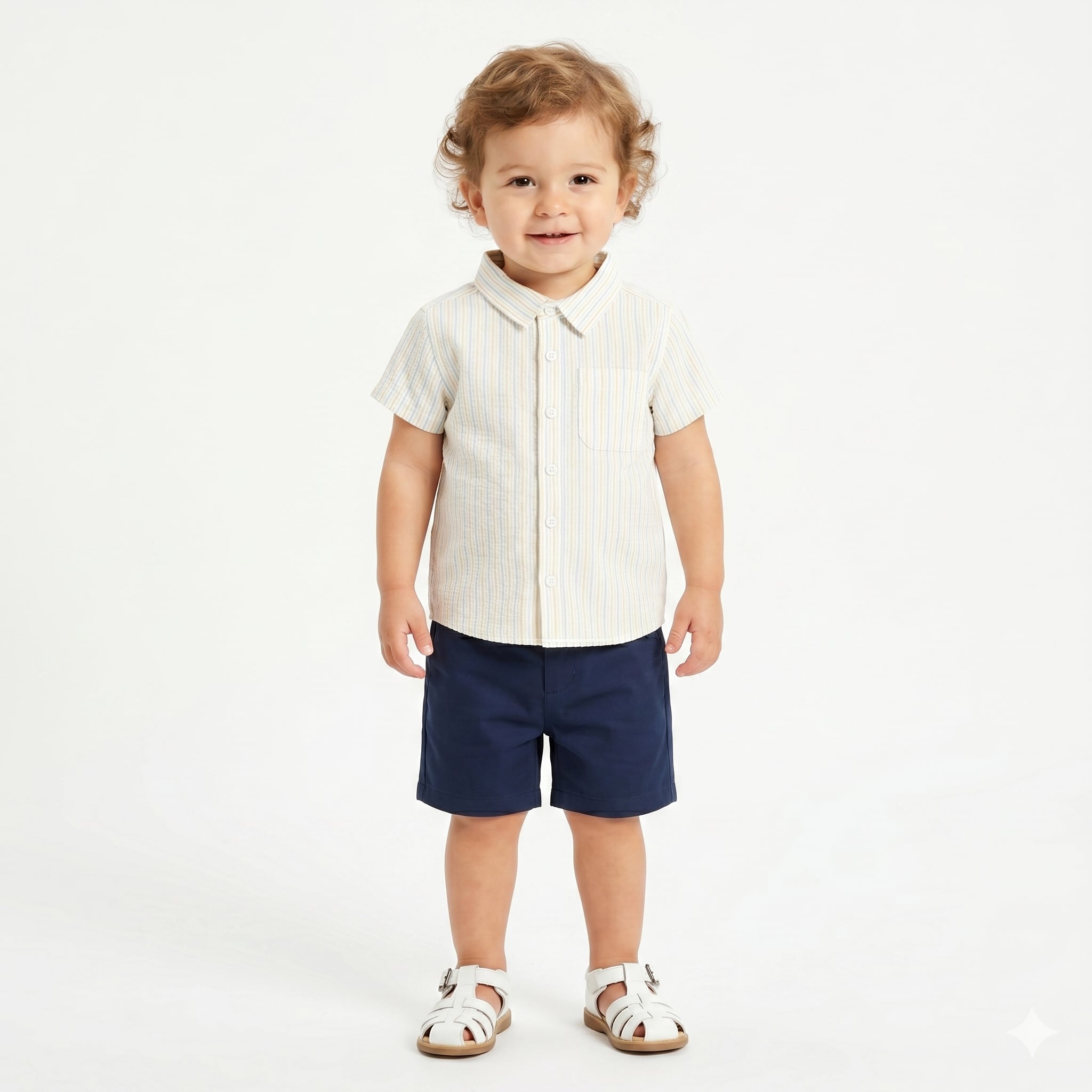 Boys Striped Cotton Shirt, White Multi-Colour