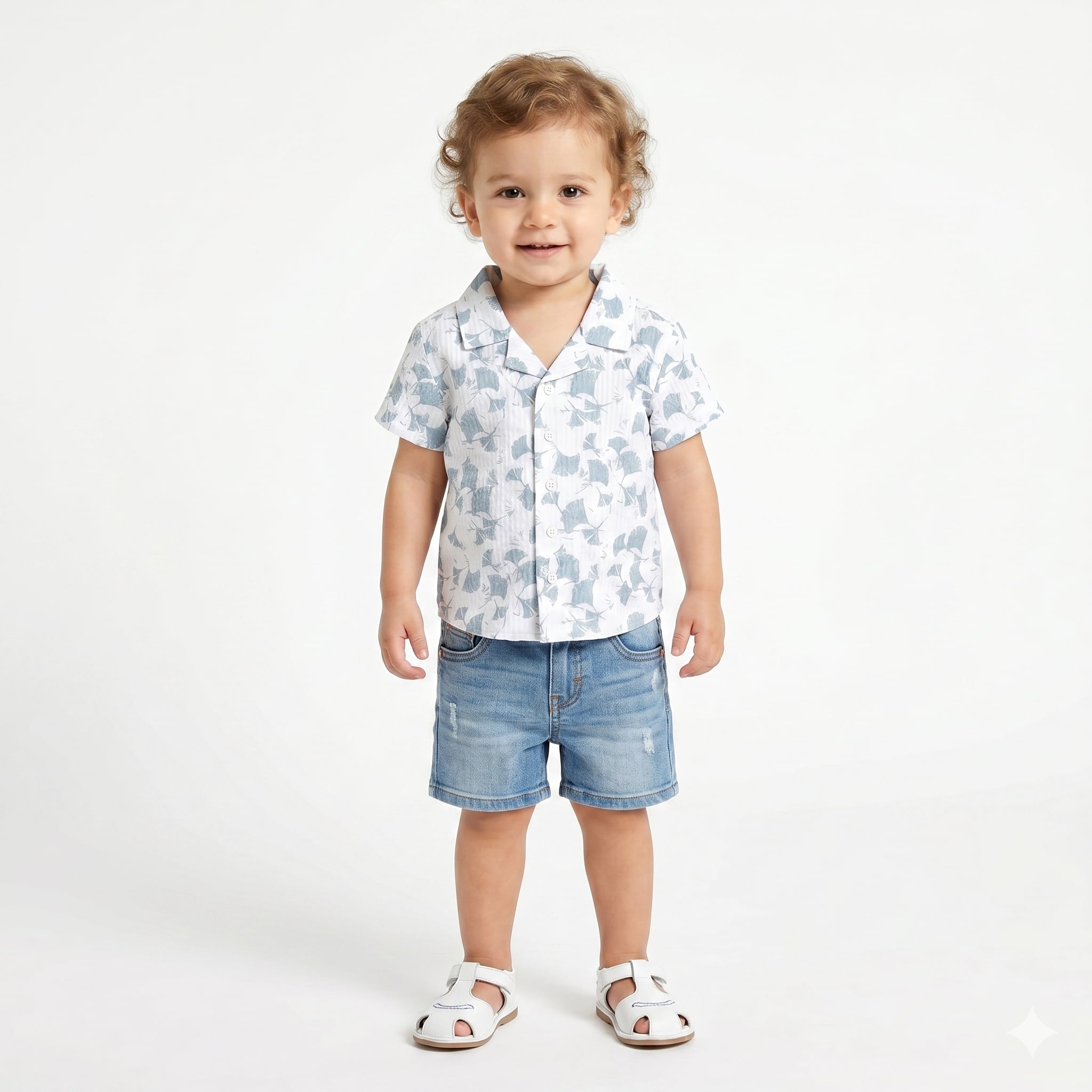 Boys Floral Print Cotton Shirt, White and Blue