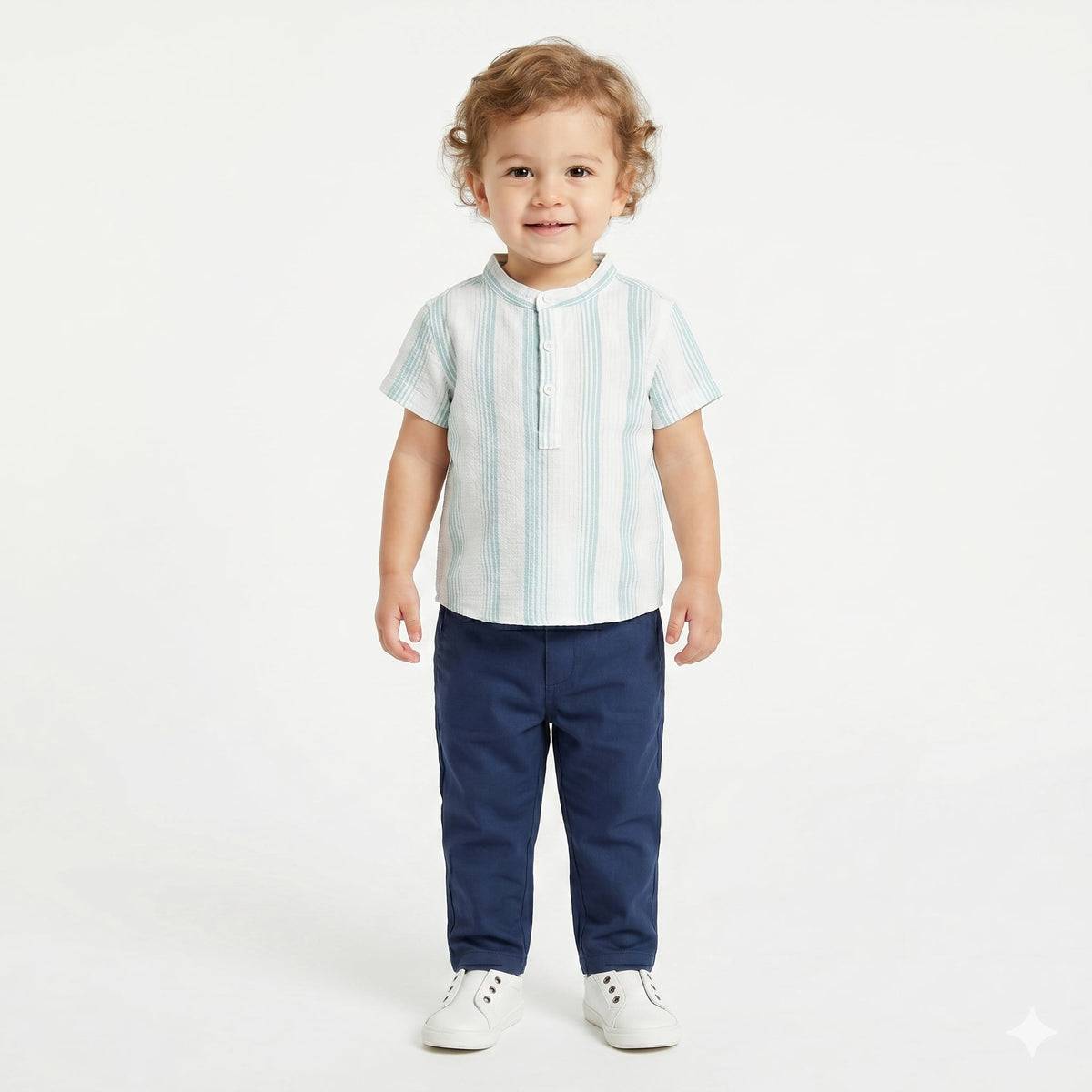 Boys Striped Cotton Shirt, Mint Green and White