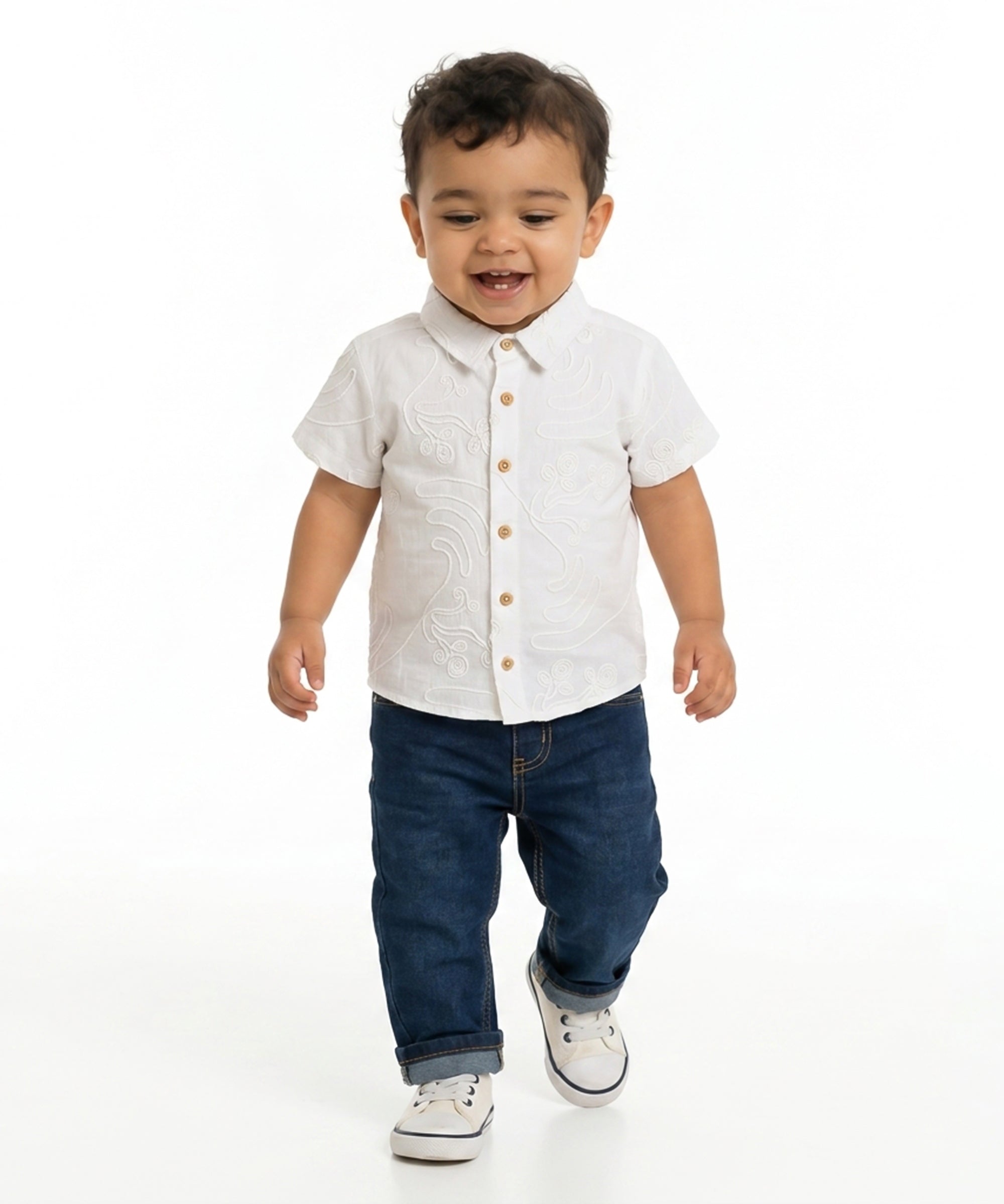 Baby Boys Embroidered Short Sleeve Shirt with Button Front, White