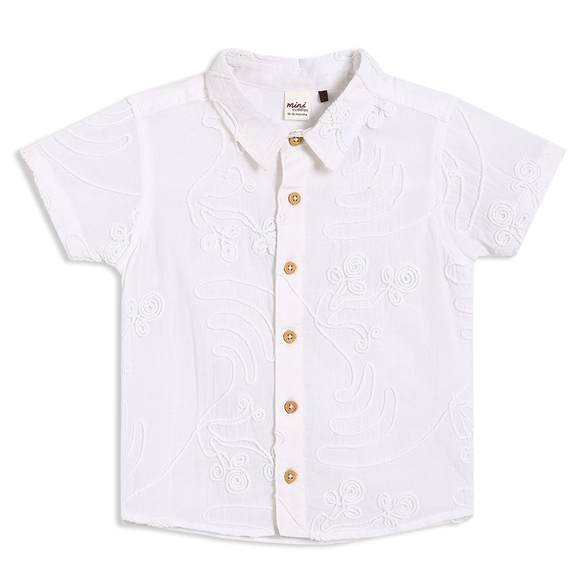 Baby Boys Embroidered Short Sleeve Shirt with Button Front, White