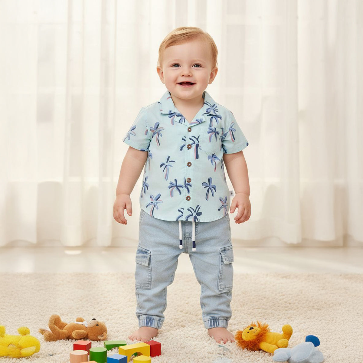 Baby Boys All Over Palm Print Shirt, Mint Green