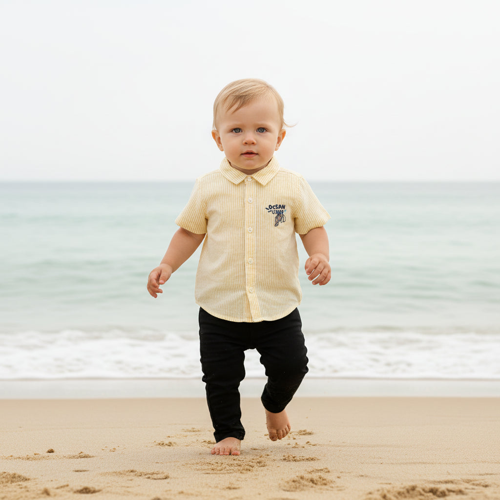 Baby Boys Striped Shirt with Turtle Embroidery, Yellow & White