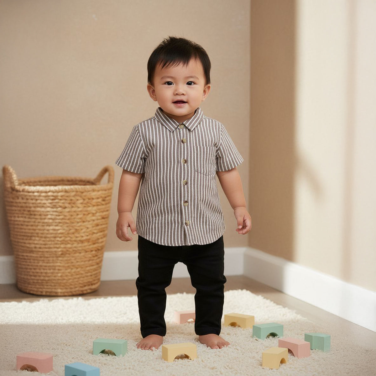 Baby Boys Vertical Striped Button Down Shirt, Brown and White