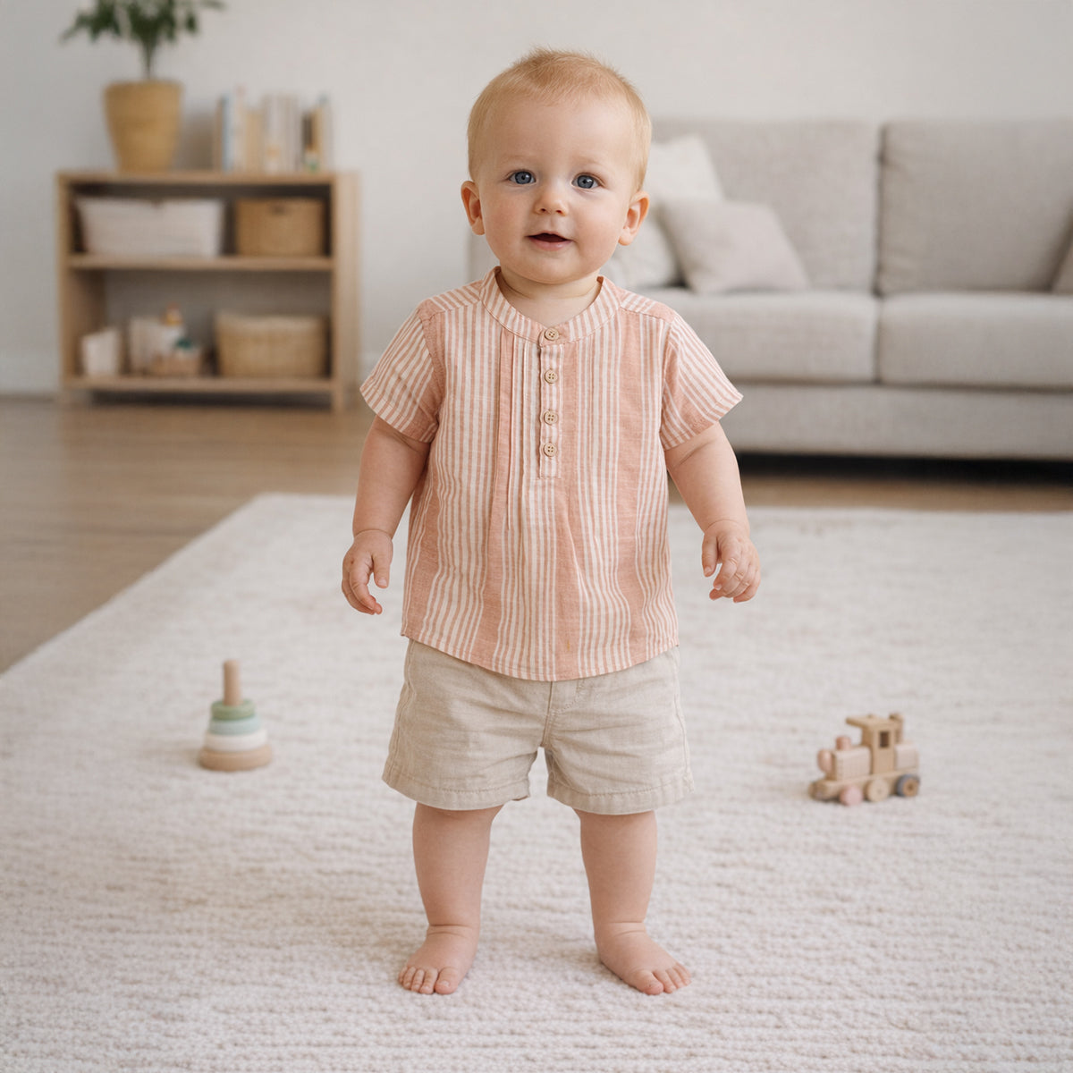 Boys Striped Mandarin Collar Shirt – Peach