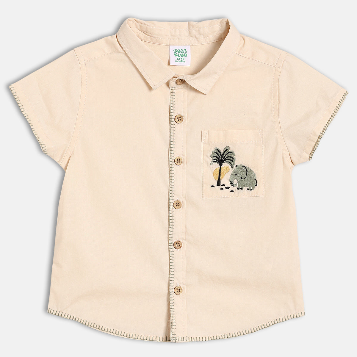 Boys Solid Woven Shirt with Embroidered Pocket, Cream