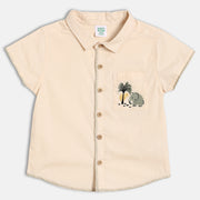 Boys Solid Woven Shirt with Embroidered Pocket, Cream