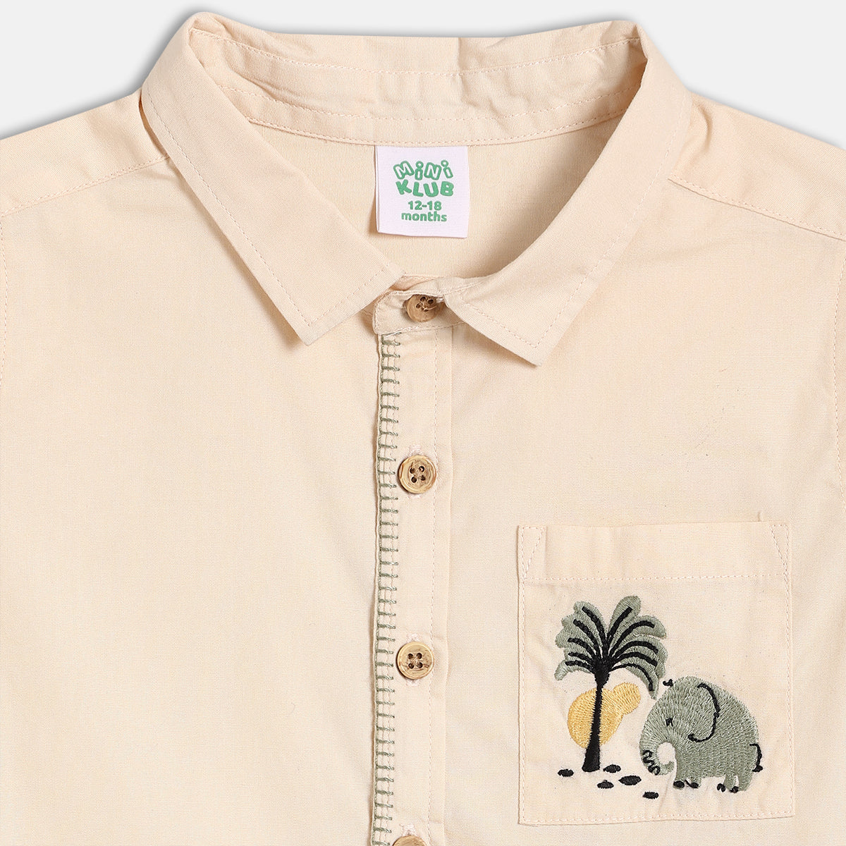 Boys Solid Woven Shirt with Embroidered Pocket, Cream