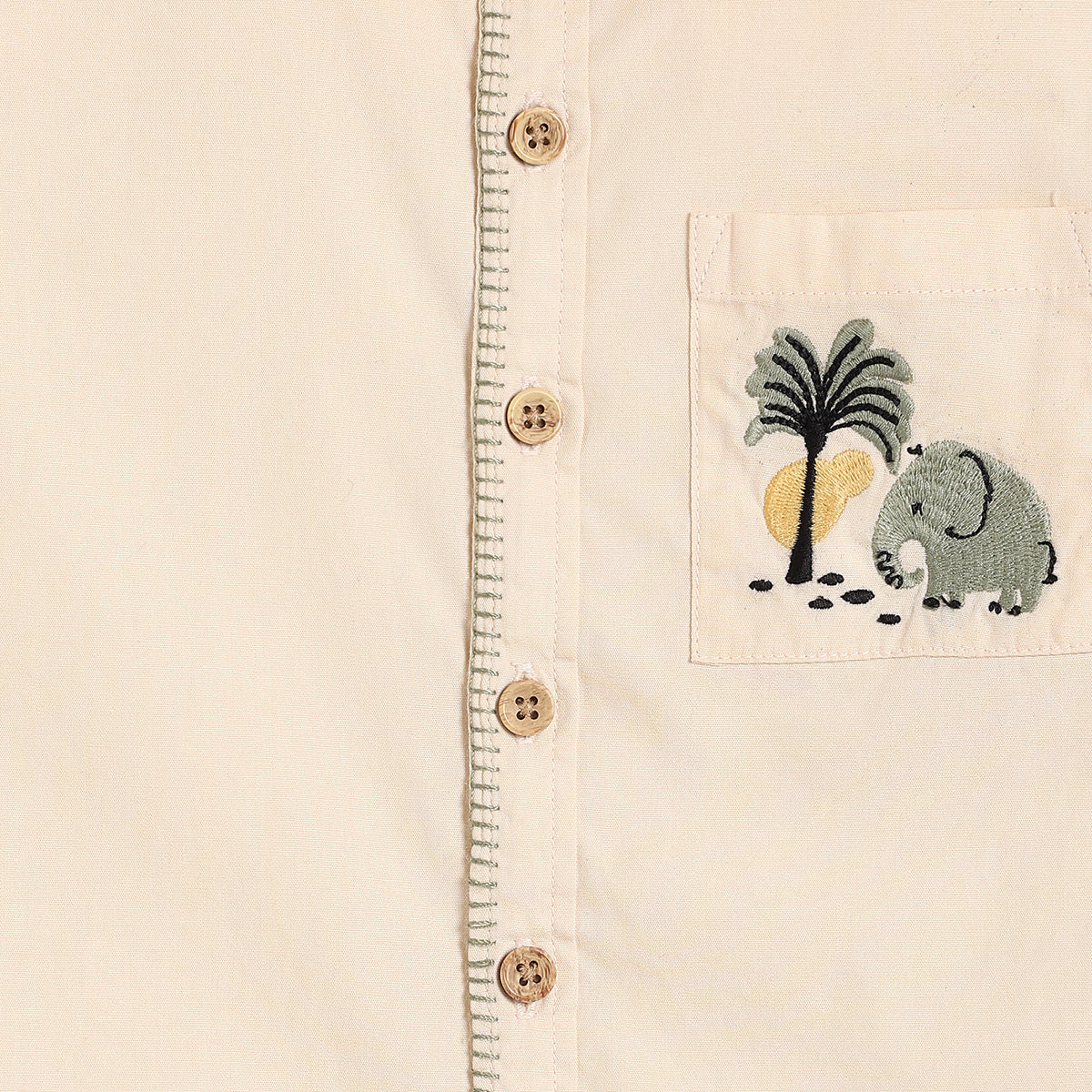 Boys Solid Woven Shirt with Embroidered Pocket, Cream