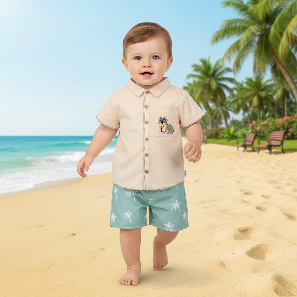 Boys Solid Woven Shirt with Embroidered Pocket, Cream
