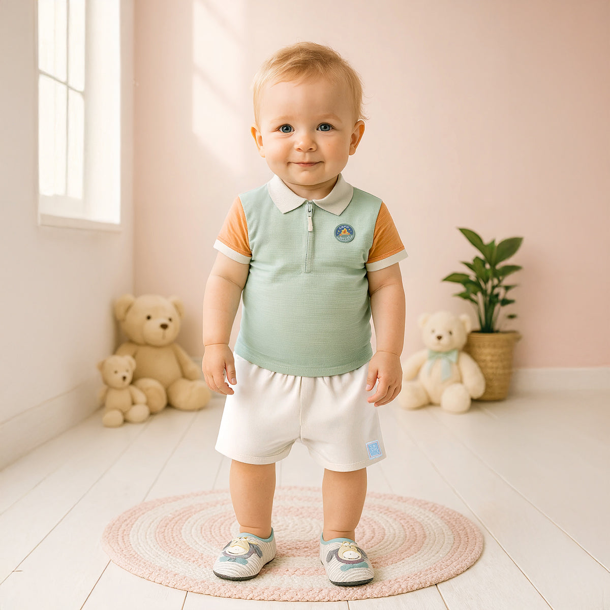 Baby Boys Knit Shorts with Dinosaur Appliqué, Off White