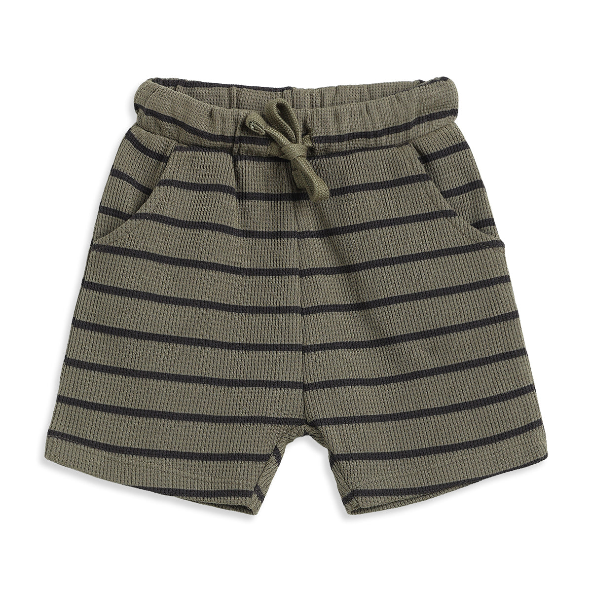 Baby Boys Olive Green & Black Striped Cotton Shorts Regular Fit Casual Kids Shorts