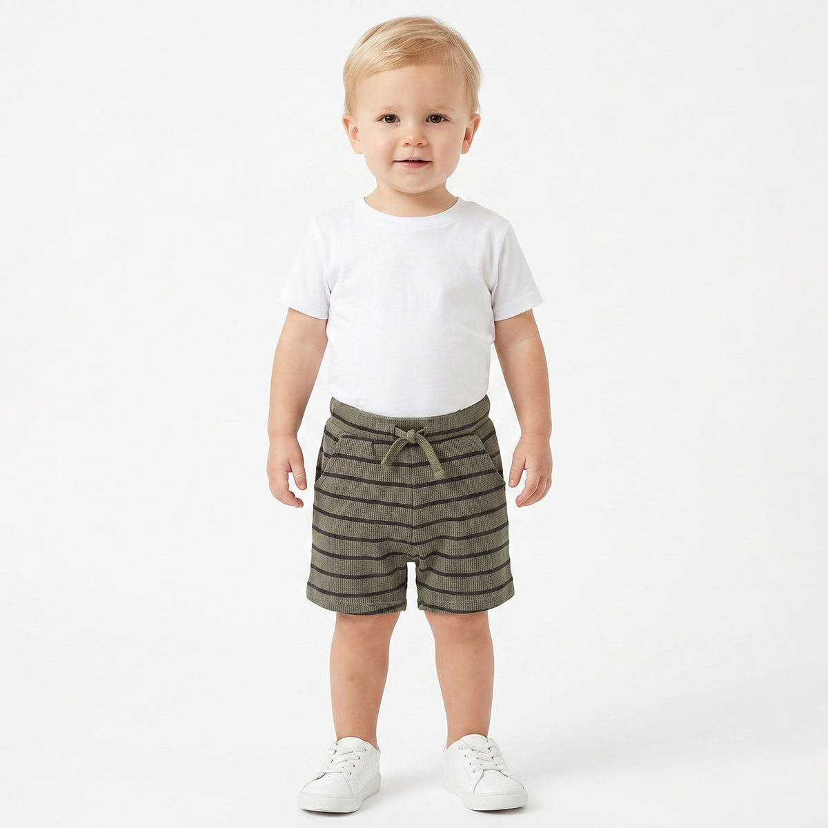 Baby Boys Olive Green & Black Striped Cotton Shorts Regular Fit Casual Kids Shorts
