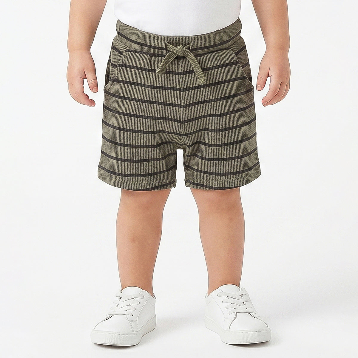 Baby Boys Olive Green & Black Striped Cotton Shorts Regular Fit Casual Kids Shorts