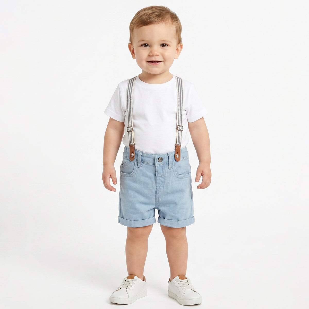 Baby Boys Light Blue Denim Shorts with Suspenders Casual Kids Shorts