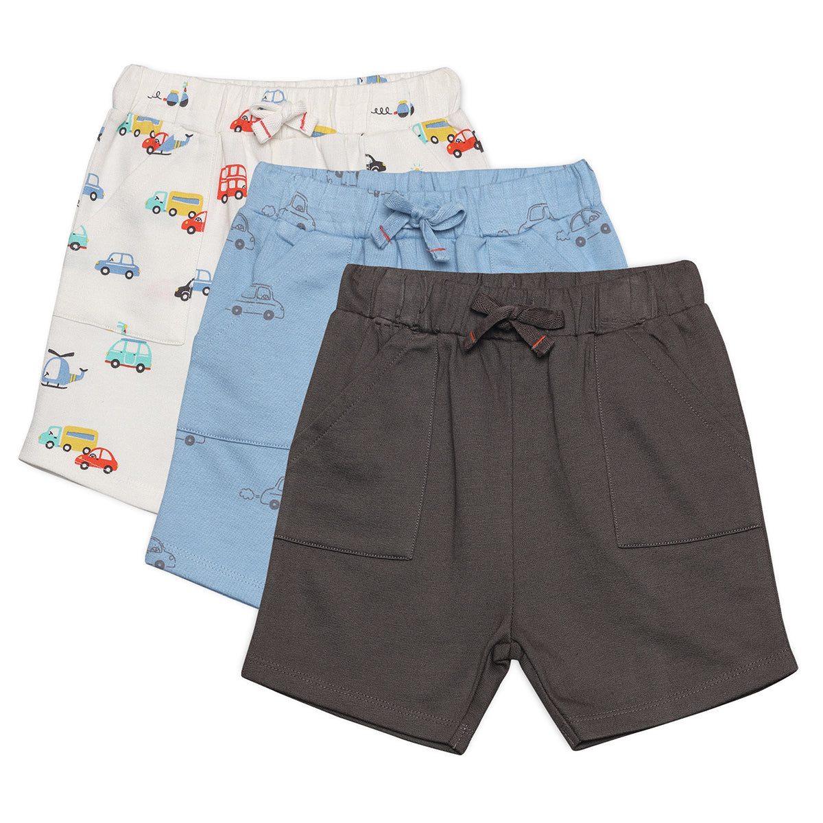 Baby Boys Vehicle Print and Solid Shorts Pack of 3, Grey, Blue and White