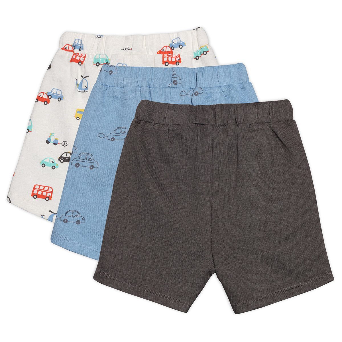 Baby Boys Vehicle Print and Solid Shorts Pack of 3, Grey, Blue and White