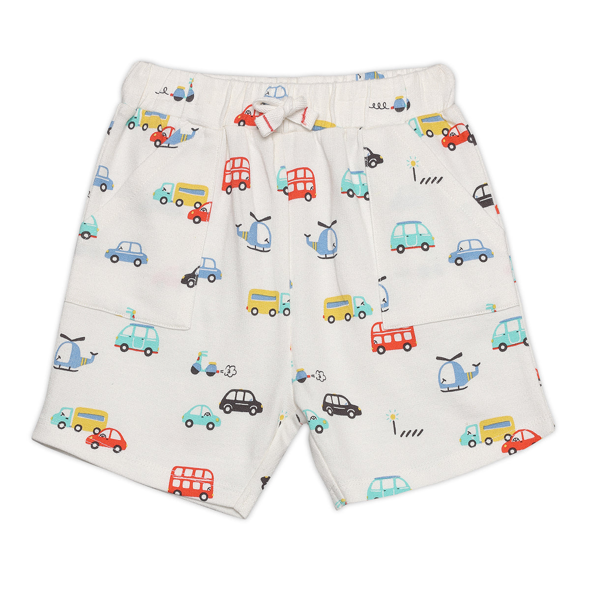 Baby Boys Vehicle Print and Solid Shorts Pack of 3, Grey, Blue and White
