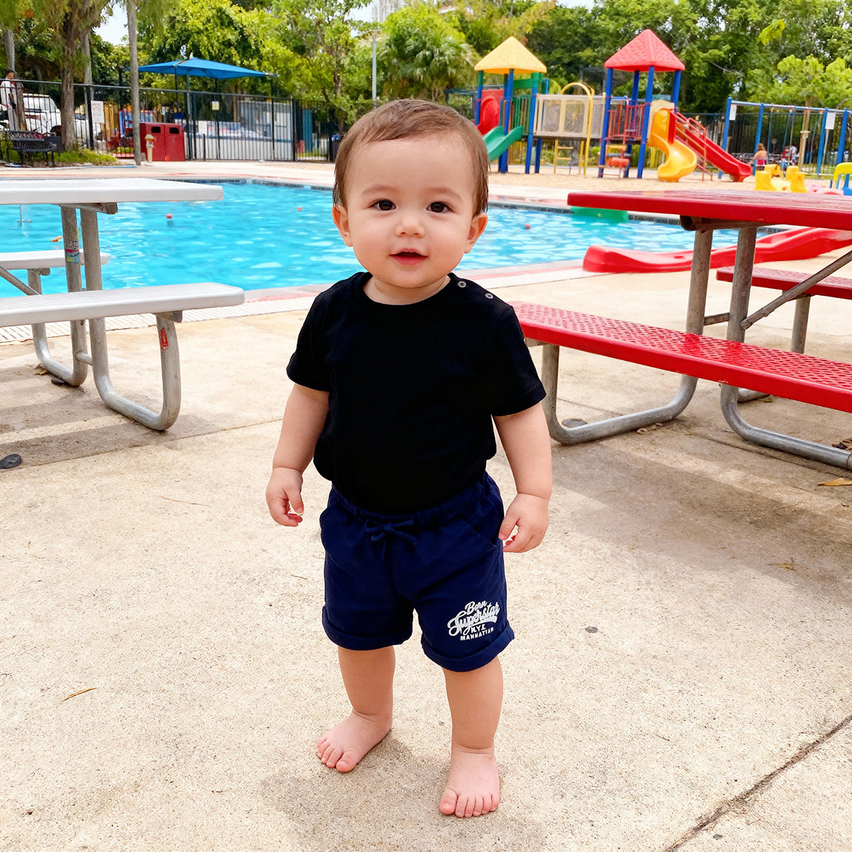 Baby Boys Typographic Print Shorts, Navy Blue
