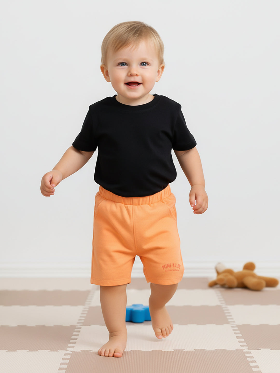 Boys Solid Shorts With Elasticated Waist, Peach