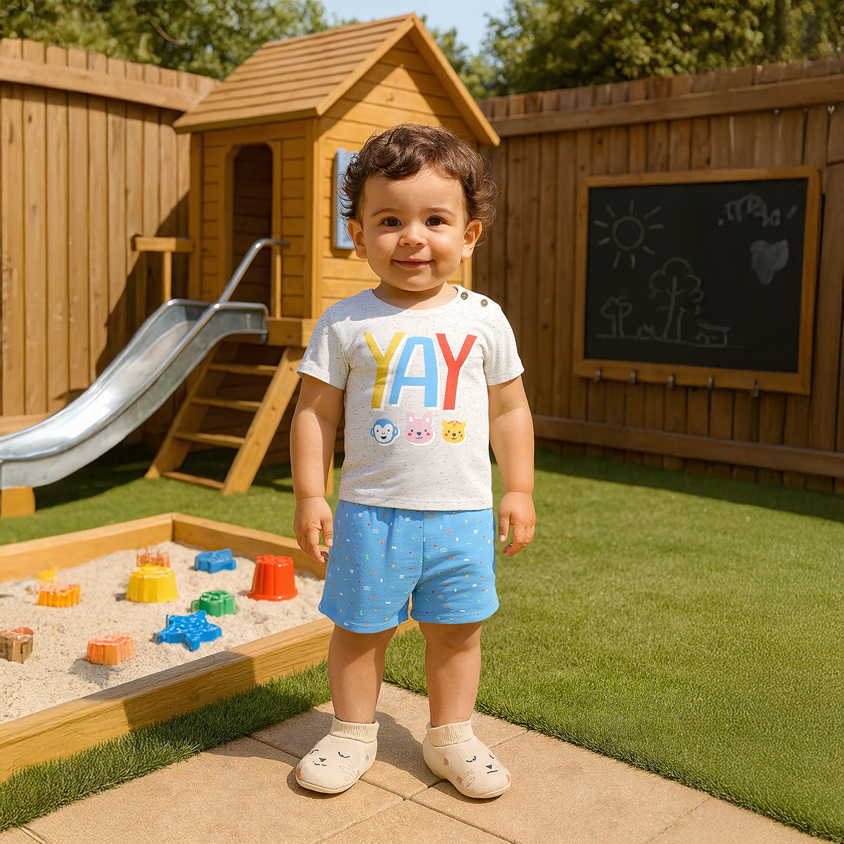 Baby Boys “YAY” Printed Top and Shorts Set, Multicolour