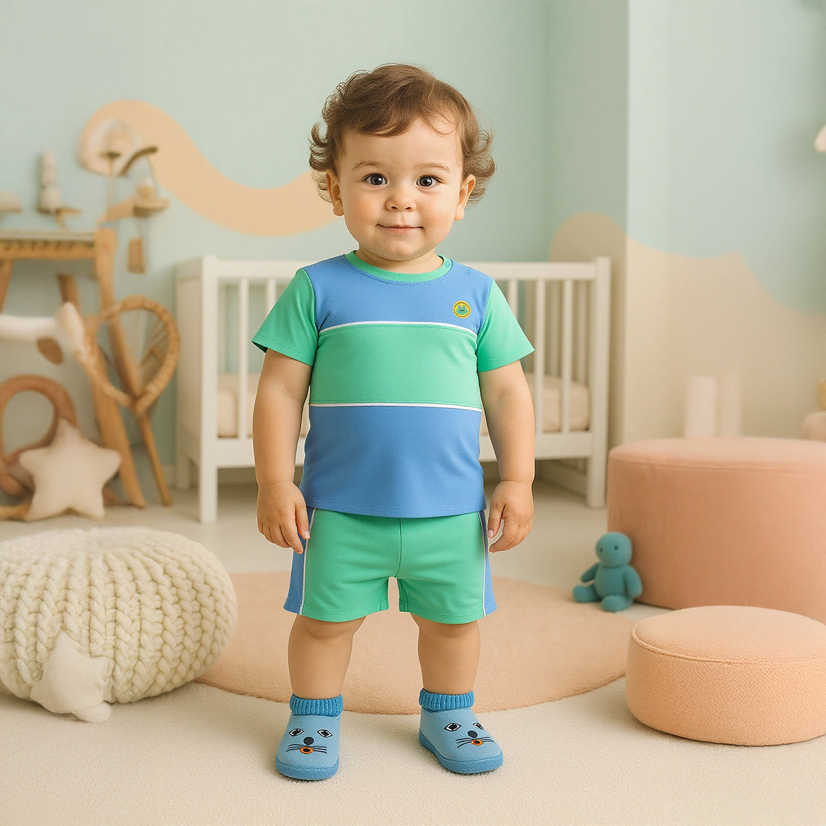 Baby Boys Colourblock Top and Shorts Set, Blue & Green