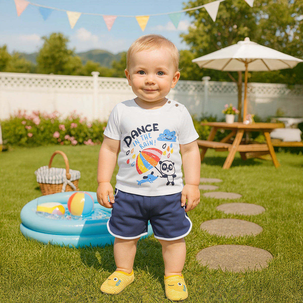 Baby Boys “Dance in the Rain” Printed Top and Shorts Set, Multicolour
