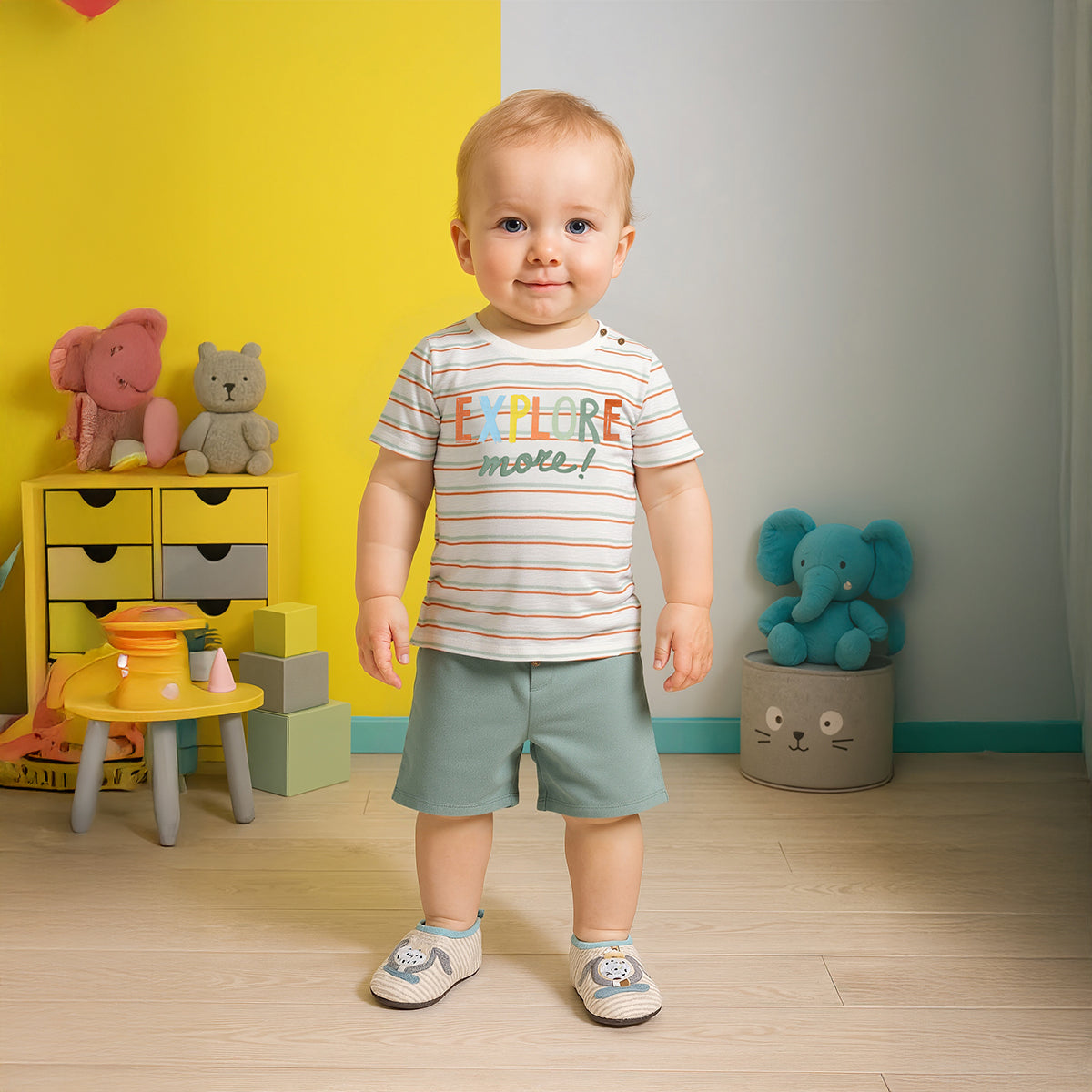 Baby Boys Striped “Explore More” Top and Shorts Set, Multicolour
