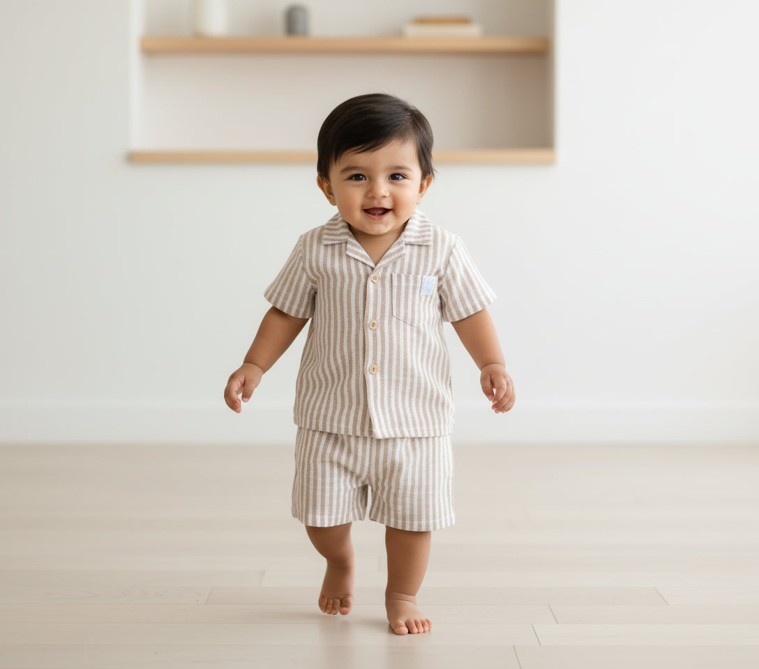 Baby Boys Striped Shirt and Shorts Set, Beige and White