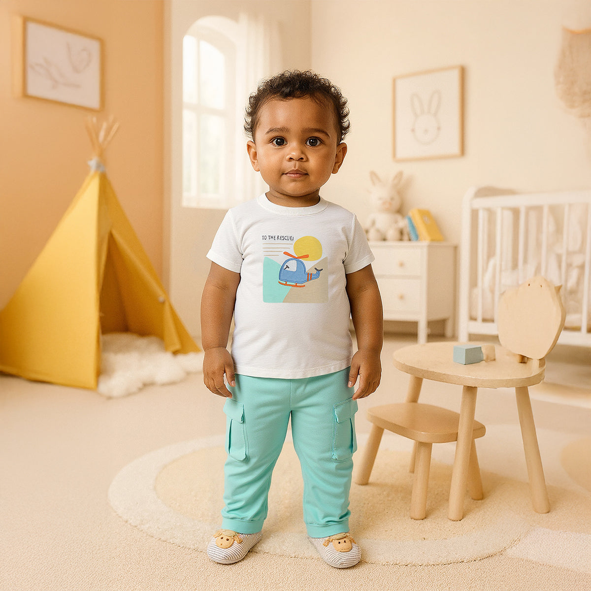 Baby Boys Helicopter Print T-Shirt and Joggers Set, Mint Green