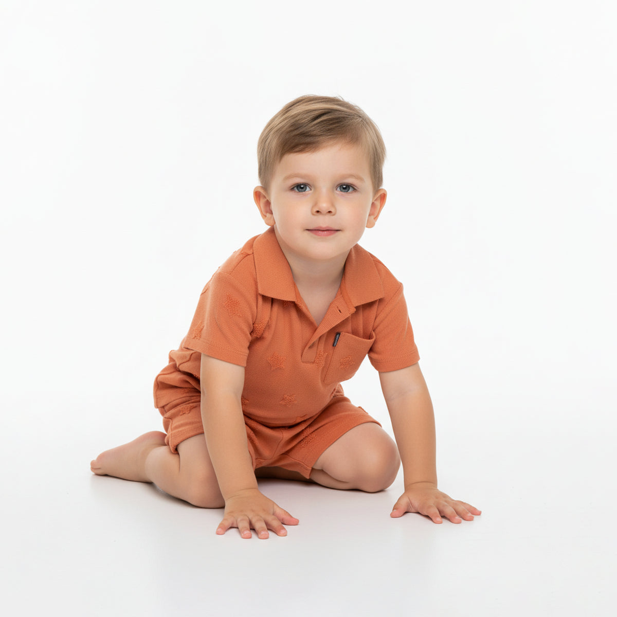 Baby Boys Star Textured Polo T-Shirt with Shorts Set, Rust Orange