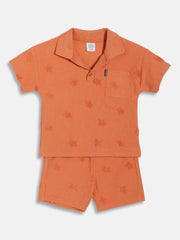 Baby Boys Star Textured Polo T-Shirt with Shorts Set, Rust Orange