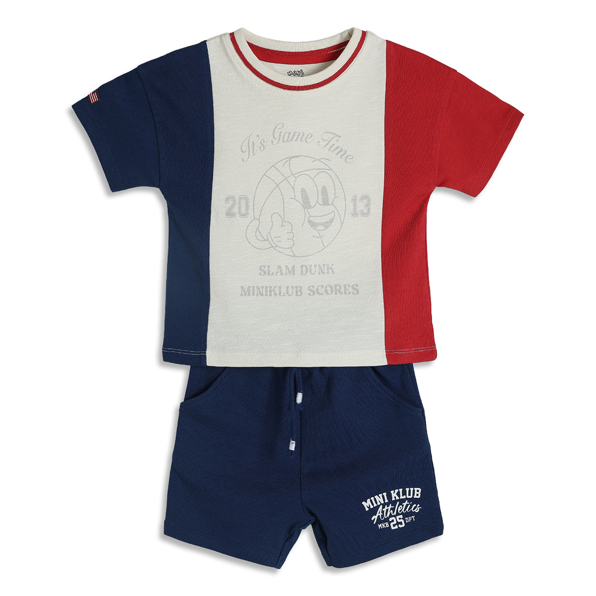 Baby Boys Colourblocked T-Shirt and Solid Shorts Set, Red, White and Navy Blue
