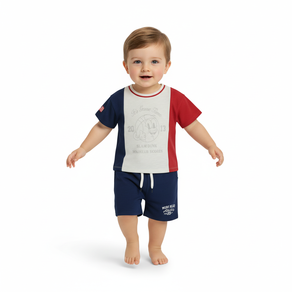 Baby Boys Colourblocked T-Shirt and Solid Shorts Set, Red, White and Navy Blue