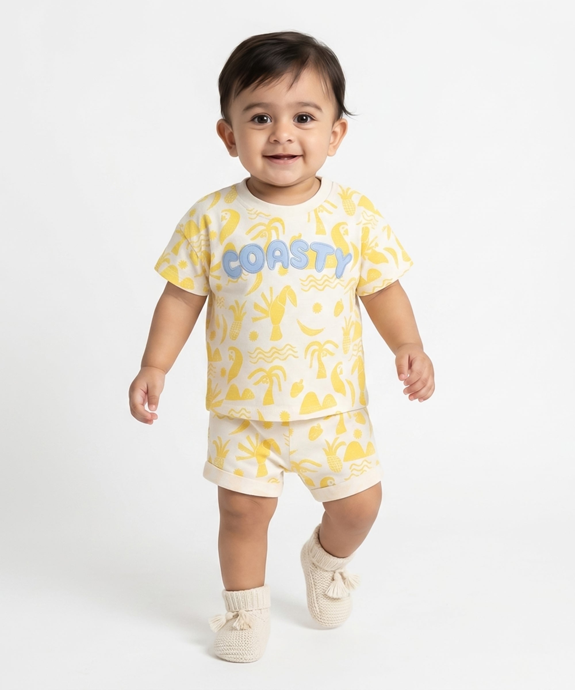 Baby Boys Tropical Print T-Shirt and Shorts Set, Cream and Yellow