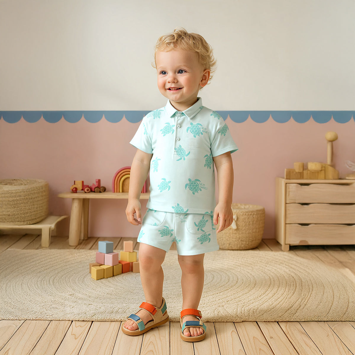 Baby BoysAll Over Turtle Print Polo and Shorts Set, Mint Green