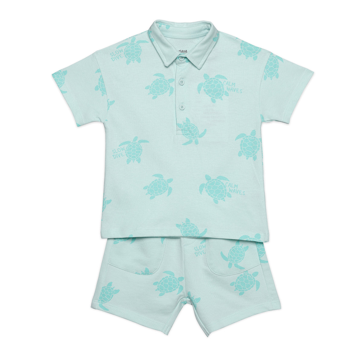 Baby BoysAll Over Turtle Print Polo and Shorts Set, Mint Green