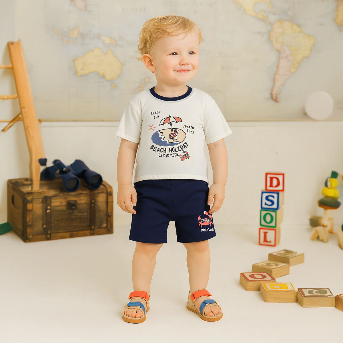 Baby Boys Graphic Print T-Shirt and Shorts Set, Cream and Navy