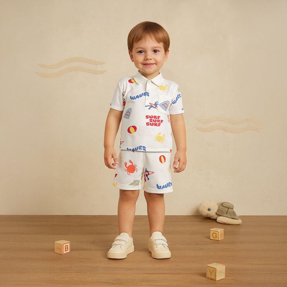Boys All Over Surf Print Polo and Shorts Set, Cream Multi