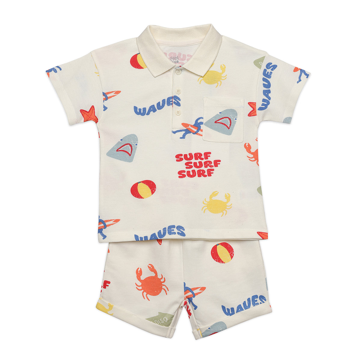 Boys All Over Surf Print Polo and Shorts Set, Cream Multi