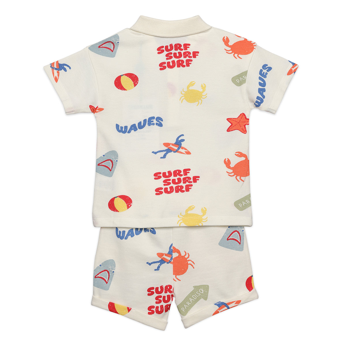 Boys All Over Surf Print Polo and Shorts Set, Cream Multi