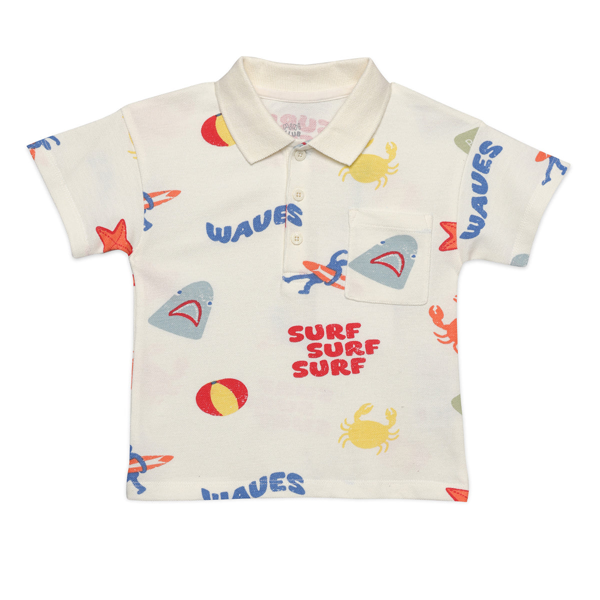 Boys All Over Surf Print Polo and Shorts Set, Cream Multi